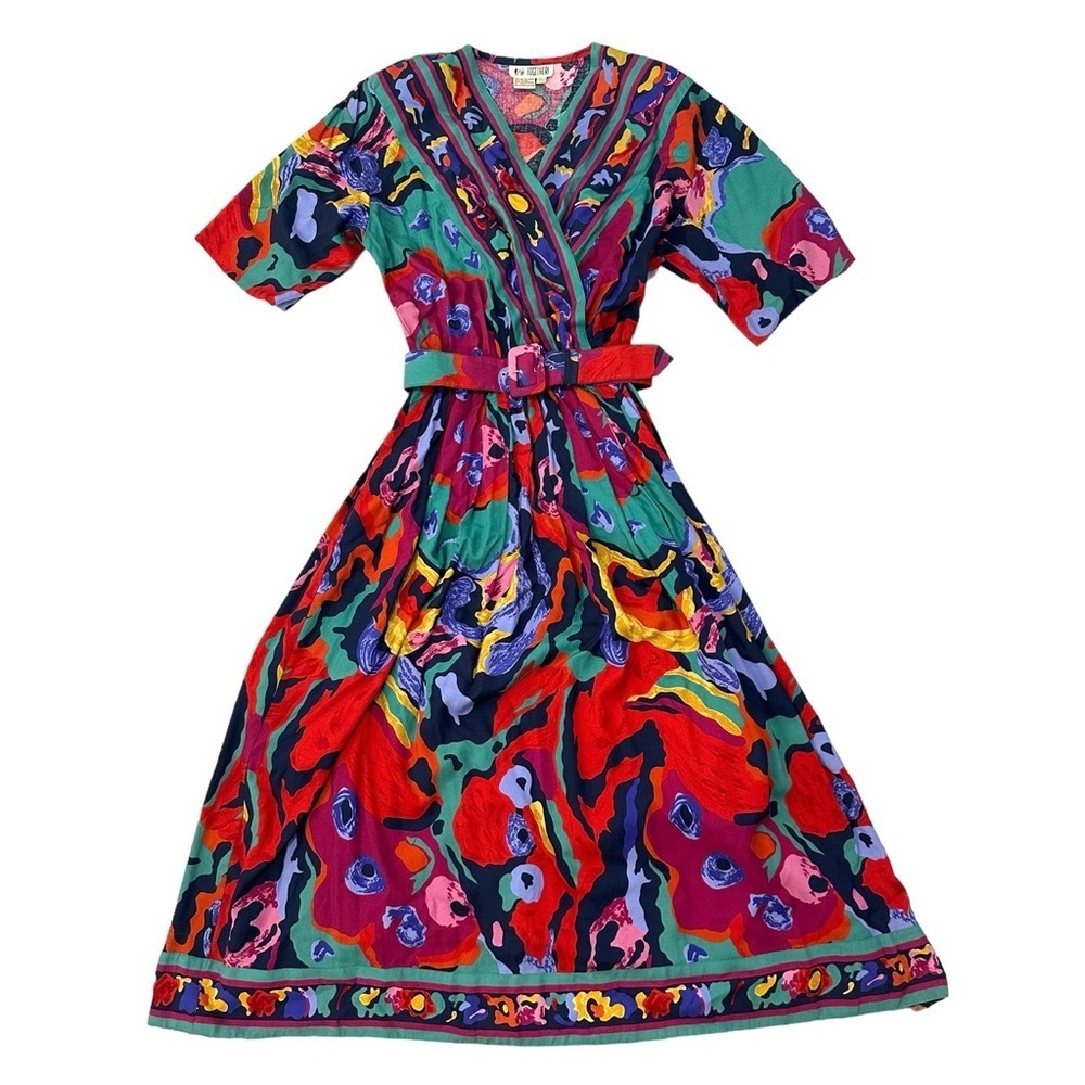 Vintage Together Wrap Dress Vibrant Belted Pocket Rayon Art Wear Tall 10